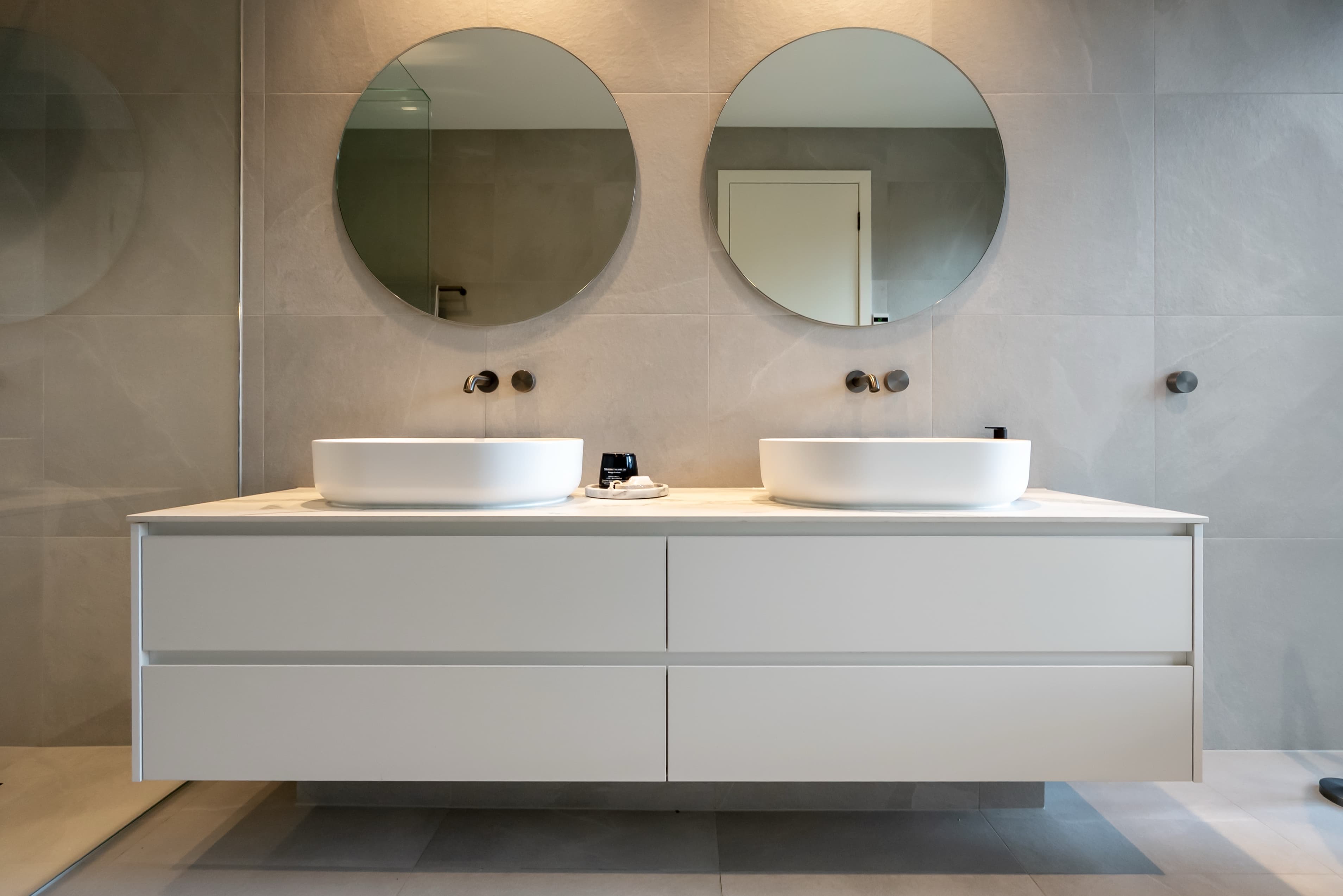 Double bathroom vanity with white drawers