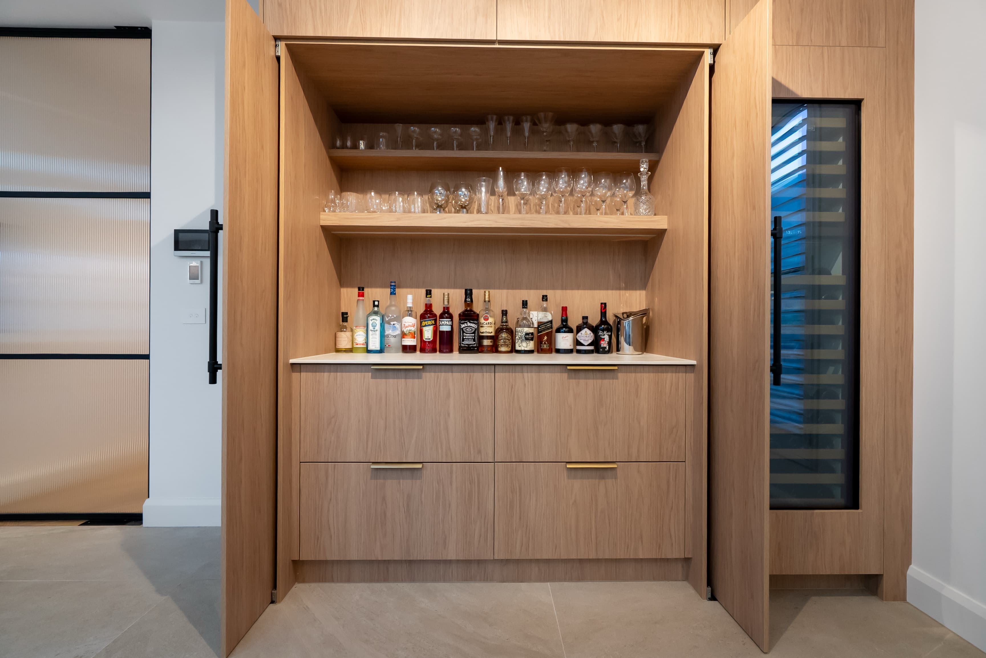 Custom bar cabinet with wine fridge